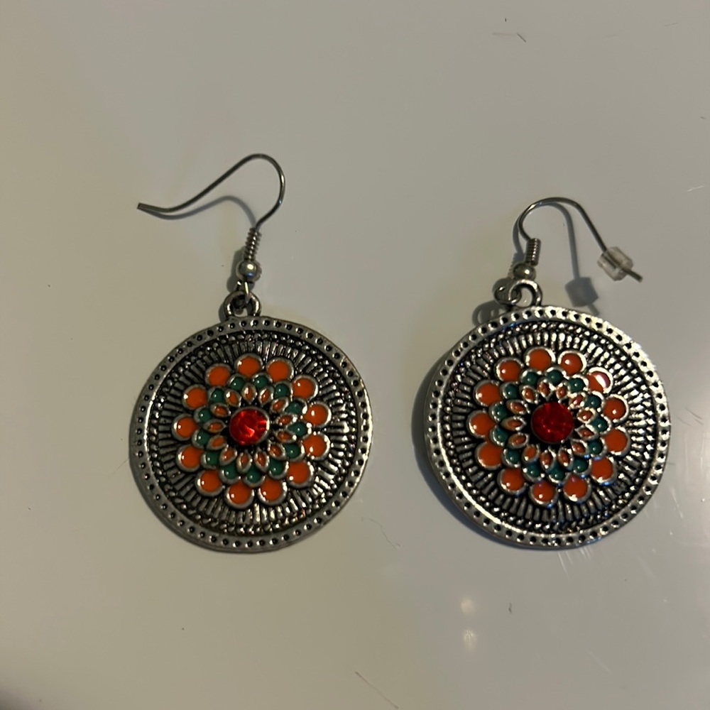 Silver Red tourmaline bohemian dangle earrings.